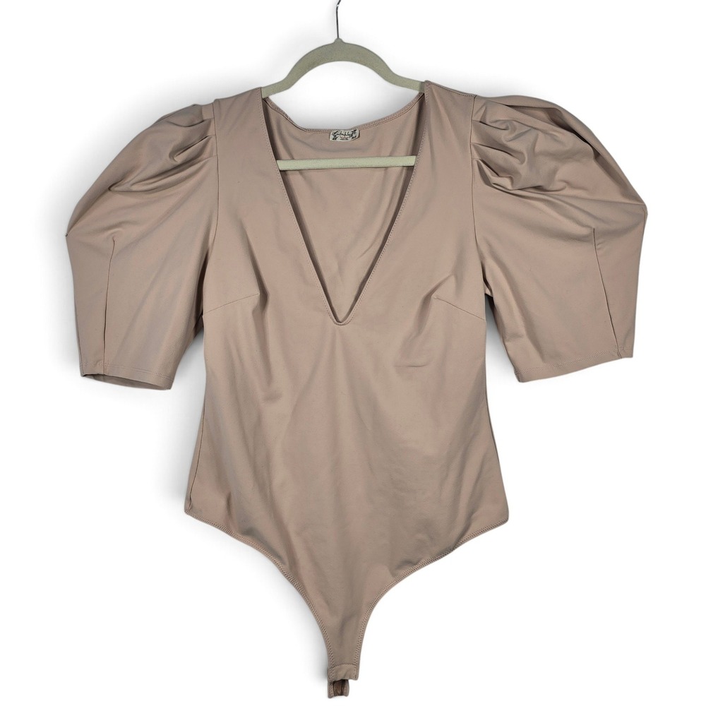 Free People Bodysuit Womens Large Puff Sleeve V-Neck Tan Stretch Dramatic Chic